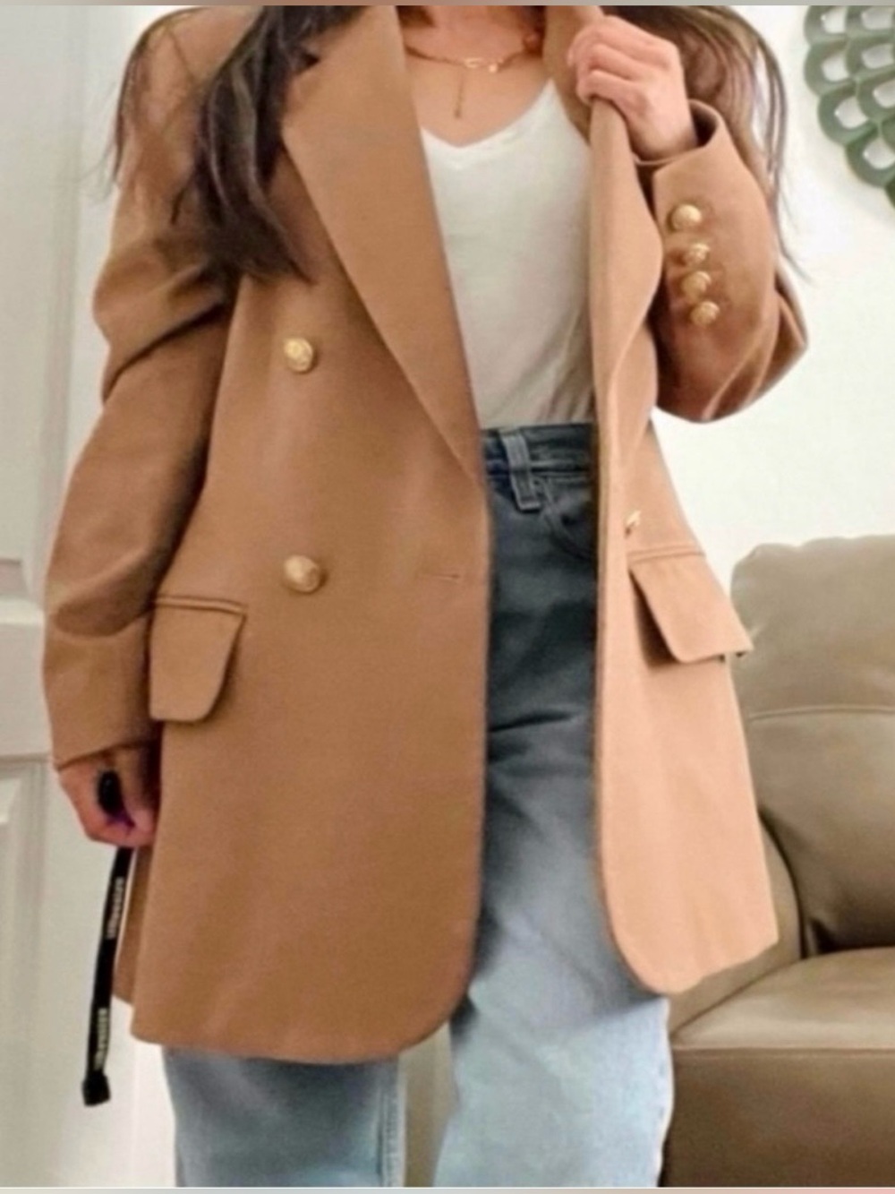 Escada Laurel Cashmere Blazer Double Breasted Gold Crest Buttons Tan Camel